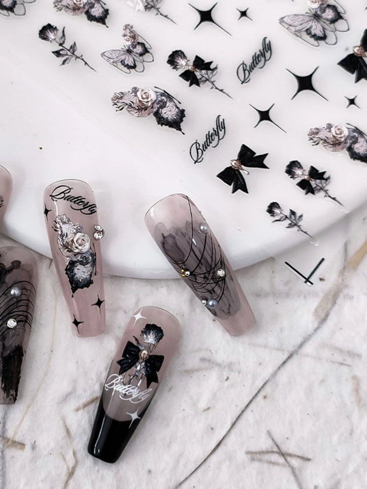 5D Embossed Punk Nail Stickers | Bow Butterfly Star Decals Nail Art Stickers QXL