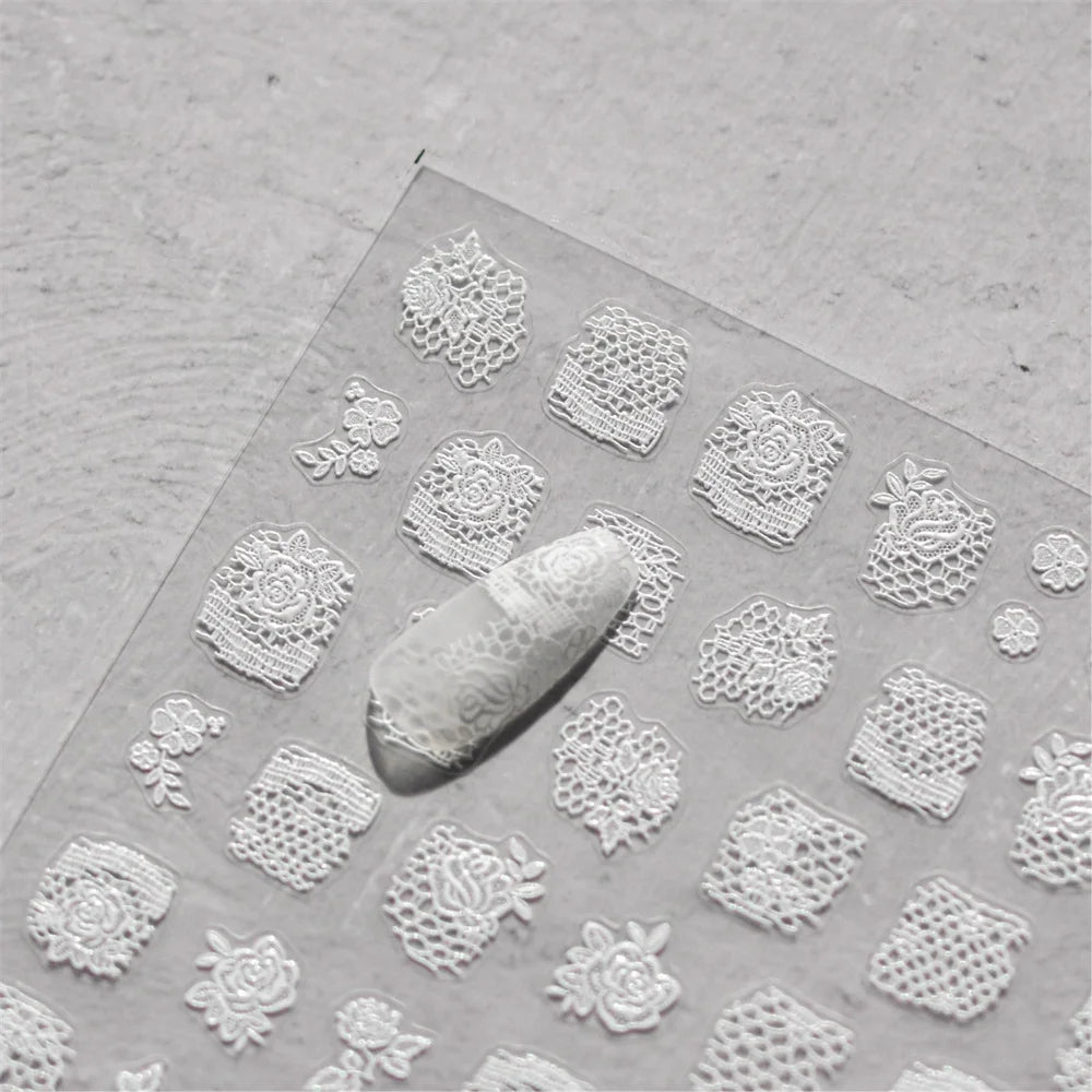 5D Kawaii Lace Nail Stickers | Black White Japanese Rose Decals Nail Art Stickers QXL