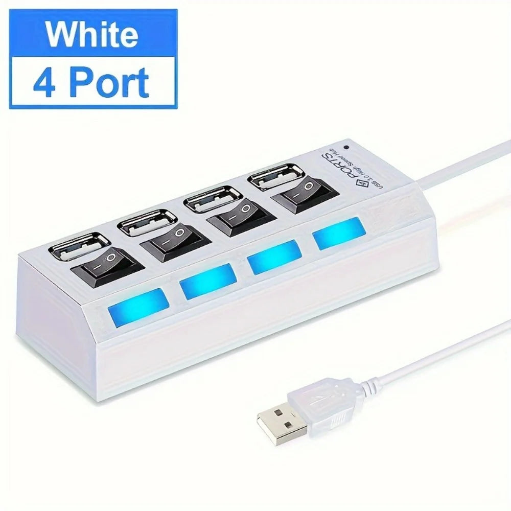 4/7 Port USB 2.0 Hub with Switch & LED | PC Laptop Splitter USB Hub QXL 4Port White