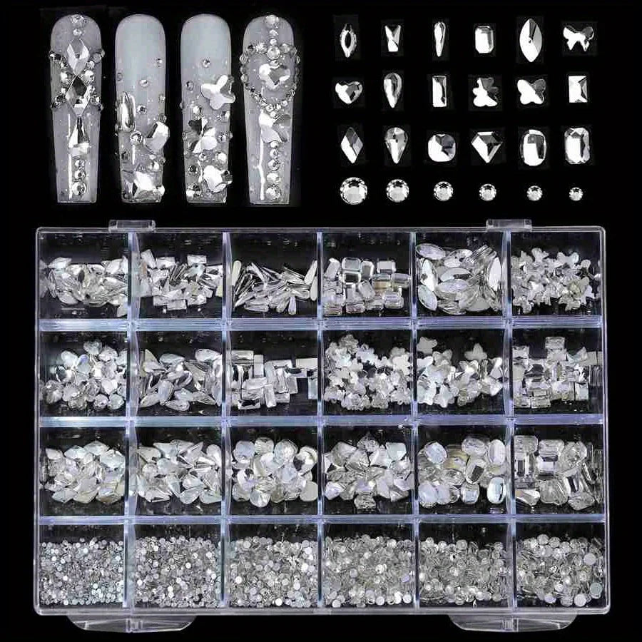 2460-Pc Nail Rhinestones Set | Pink Clear AB Crystal Gems 24 Grid Nail Art Rhinestones QXL White