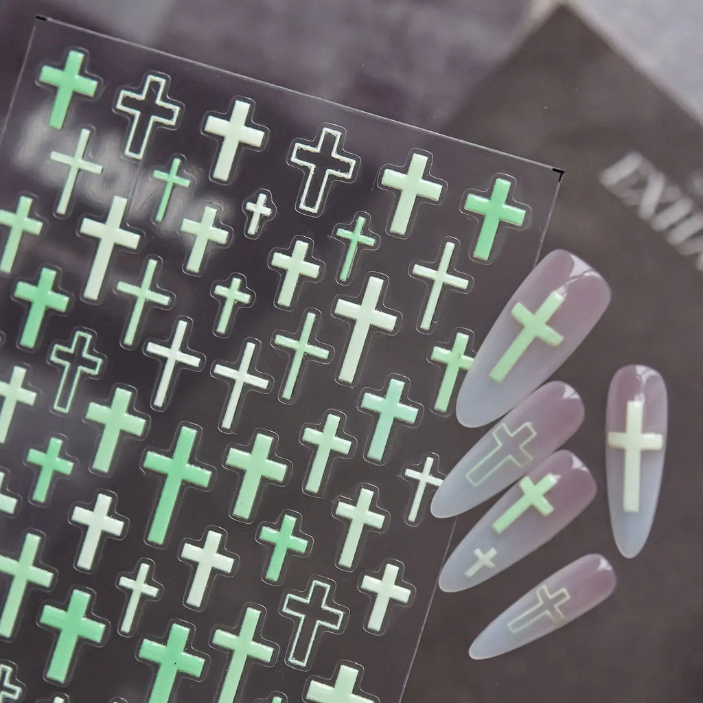 5D Glow-in-Dark Gothic Cross Nail Stickers | Self-Adhesive Nail Art Stickers QXL