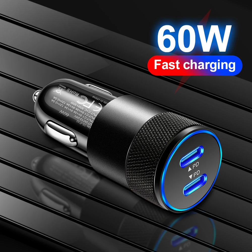 60W Dual USB-C Car Charger PD 3.0 Fast Charging Adapter Car Charger Adapter QXL