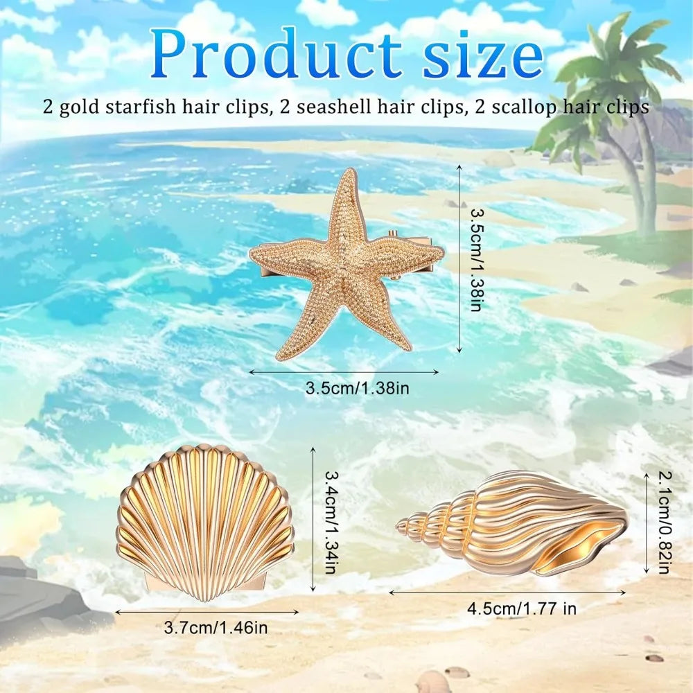 3-Pack Boho Seashell Starfish Hair Clips | Beach Barrettes Set Hair Clip Set QXL