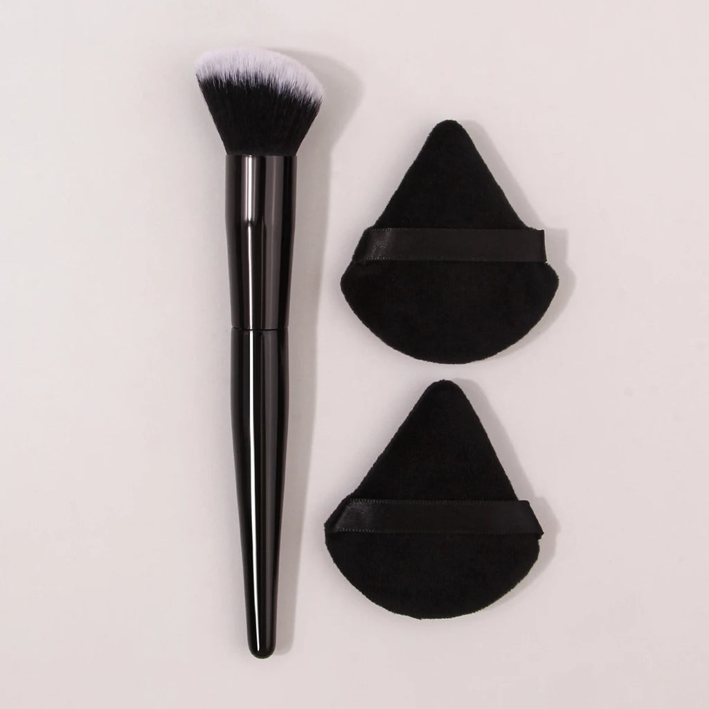 KOSSHOW Angled Blush Brush & Makeup Puff Set – 3 Piece Makeup Brush Set QXL