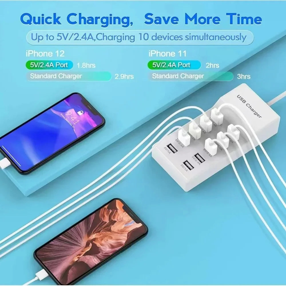 10-Port USB Wall Charger Hub | LCD Display | EU US UK Plug USB Charging Hub QXL