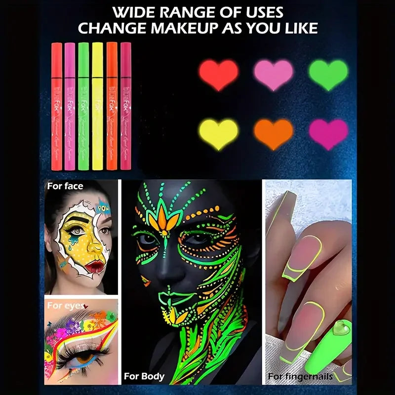 VERONNI 6-Pc UV Neon Glow Face & Body Paint Set | Liquid Liner UV Neon Body Paint QXL