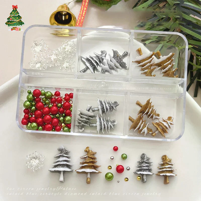 6-Grid Christmas Nail Charms | Snowflake Beads & Rhinestones Nail Art Charms QXL
