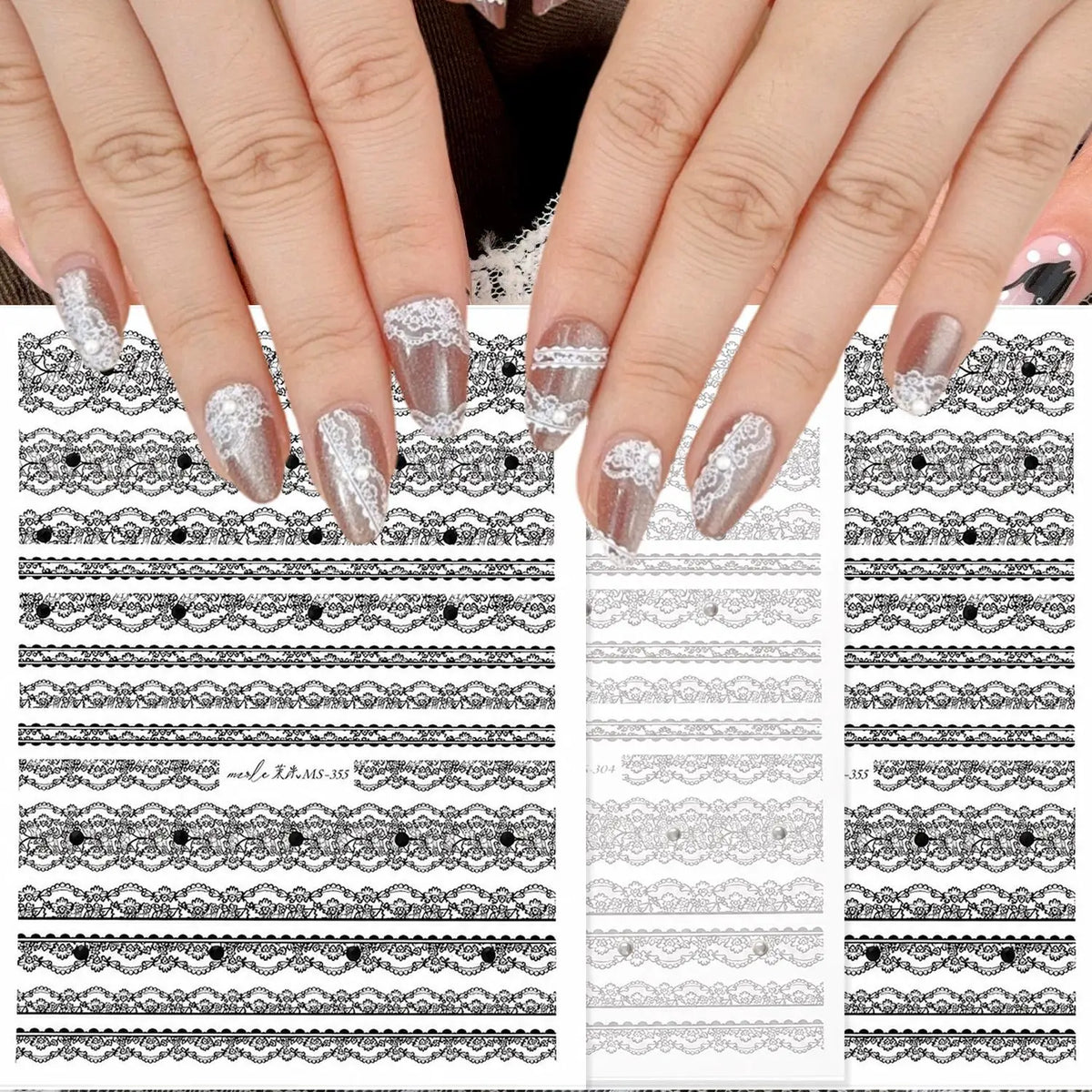 3D Lace & Pearl Nail Art Stickers | Black & White Decals Nail Art Stickers QXL