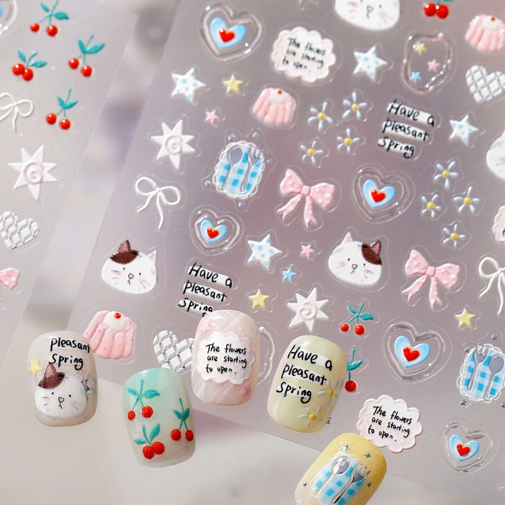5D Kawaii Cat & Cherry Embossed Nail Stickers | Self-Adhesive Nail Art Stickers QXL