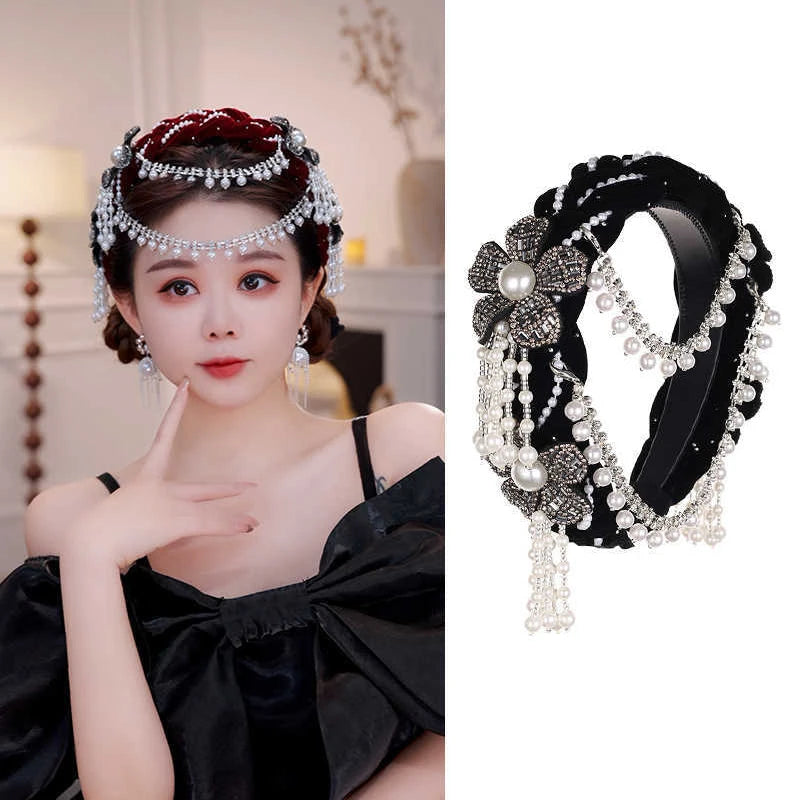 Bridal Flower Pearl Tassel Headband | Wedding Hair Hoop Bridal Hair Headband QXL