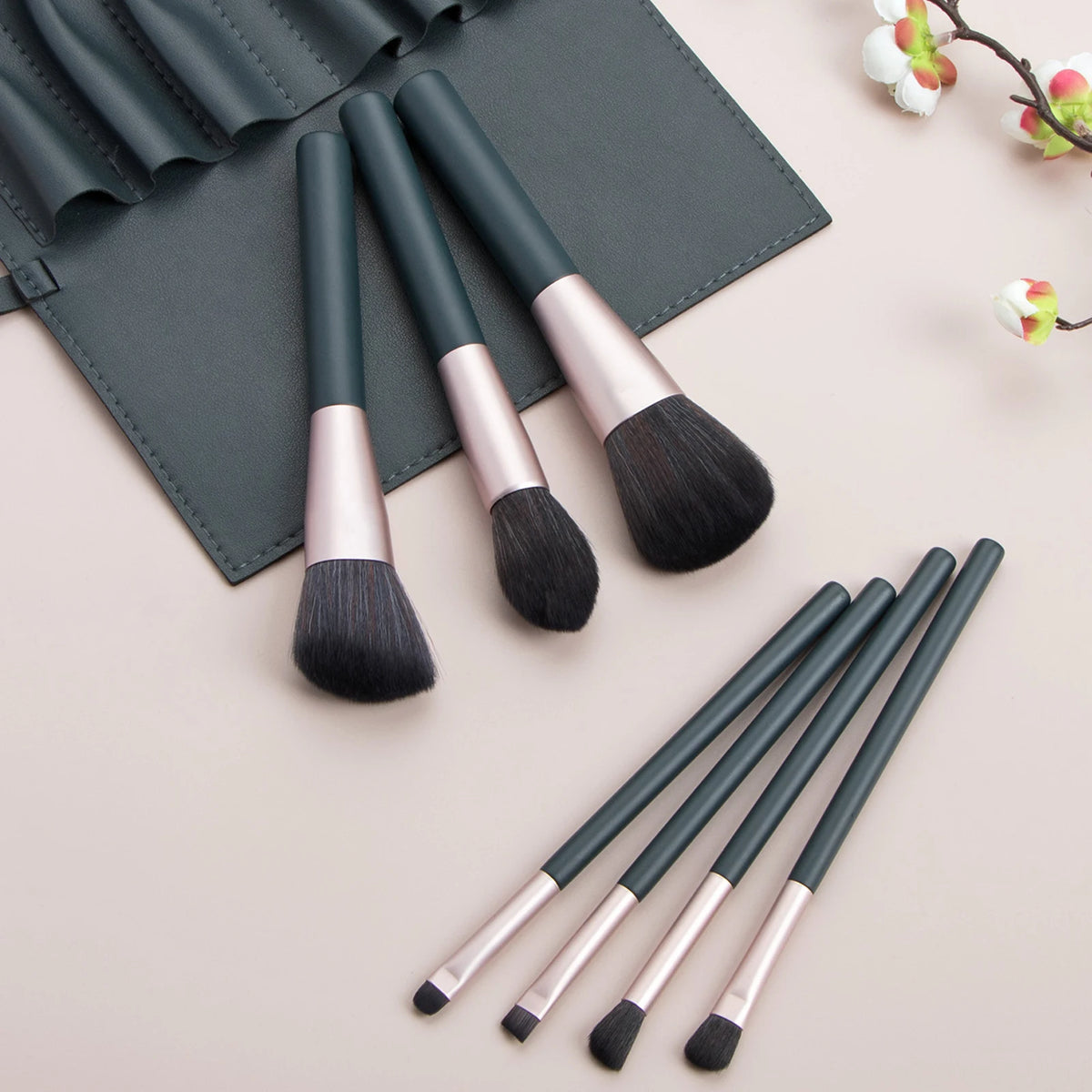 7-Piece Dark Green Makeup Brush Set with Leather Pouch Makeup Brush Set QXL