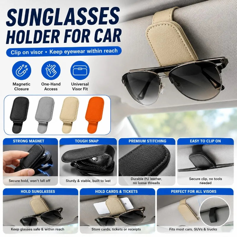 Magnetic Car Sun Visor Sunglasses Holder | PU Leather Clip Car Visor Organizer QXL