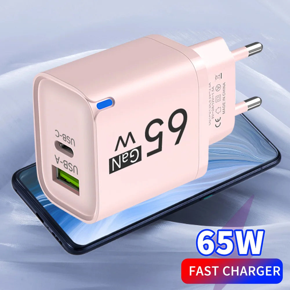 65W GaN Fast Charger USB-C PD QC 3.0 Dual Port Wall Adapter GaN Wall Charger QXL