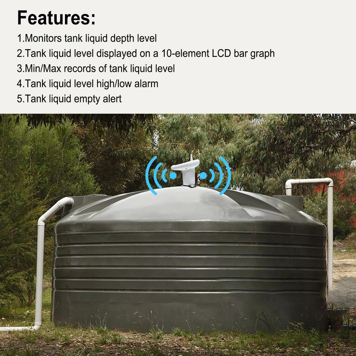Ultrasonic Wireless Water Tank Level Gauge | LCD Temp Alarm Liquid Level Gauge QXL