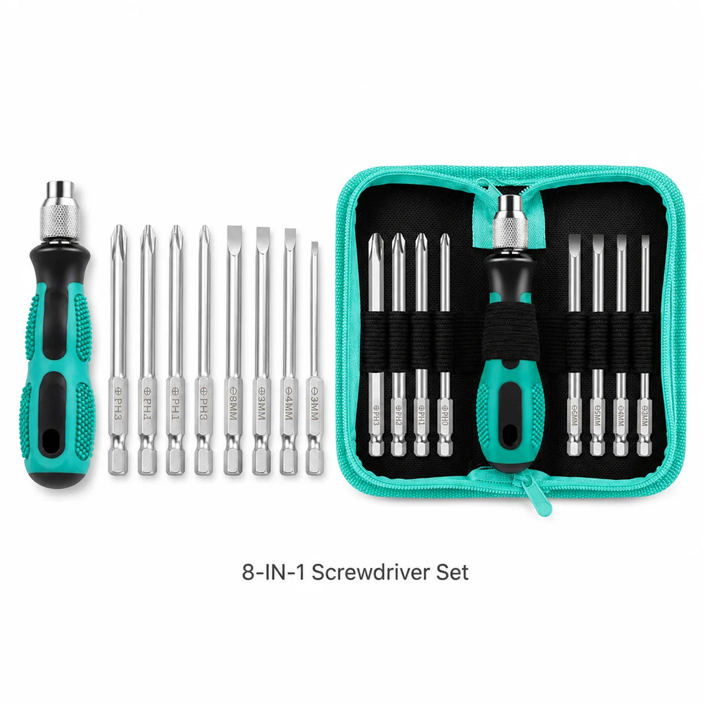 8-in-1 Screwdriver Bit Set | Phillips & Flat Head with Case Screwdriver Bit Set QXL