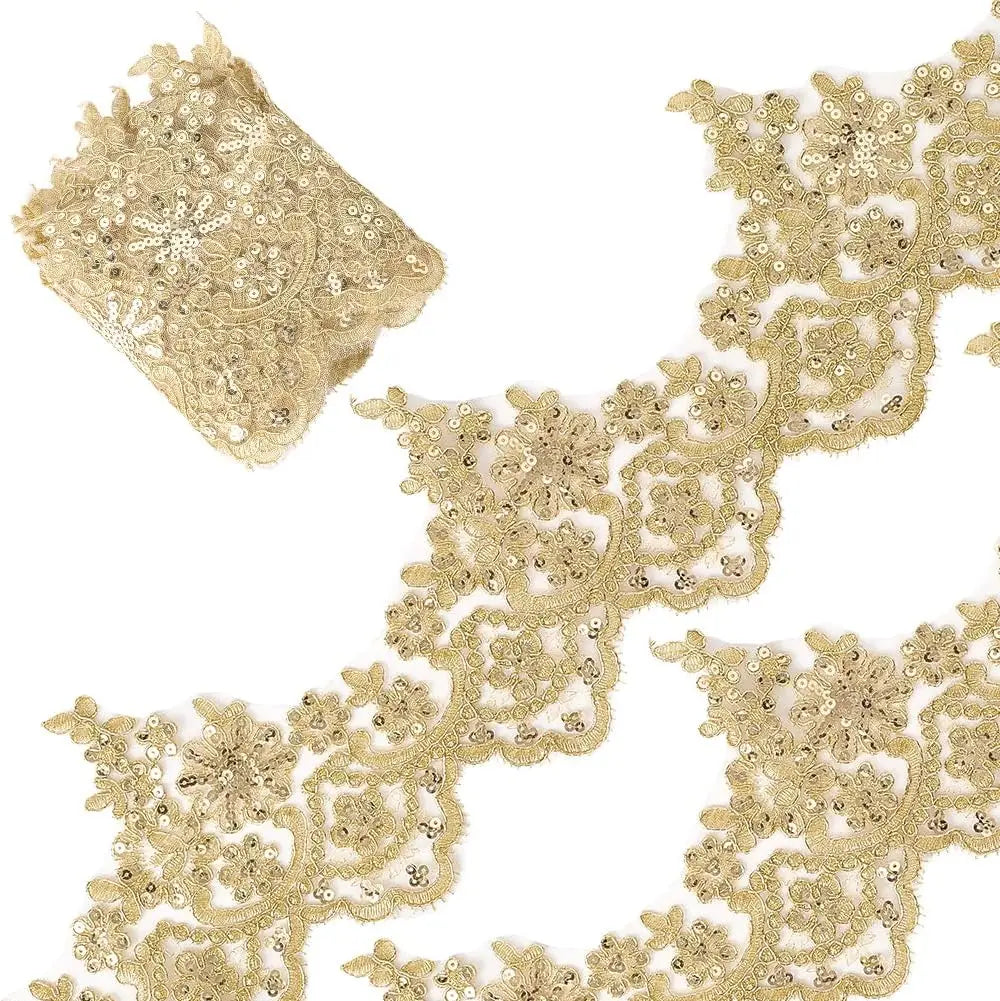 Gold Venice Lace Trim 3 Yards | Sequin Flower Embroidery Ribbon Lace Trim Ribbon QXL AECH04-13131