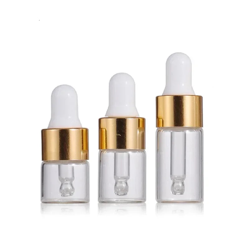 20-Pack Mini Glass Dropper Bottles 1/2/3ml – Refillable Vials Glass Dropper Bottles QXL Clear-Gold-White 1ml Glass