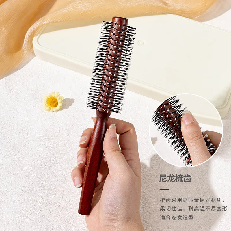 Wooden Handle Round Roller Comb | Nylon Teeth for All Hair Types Round Roller Comb QXL