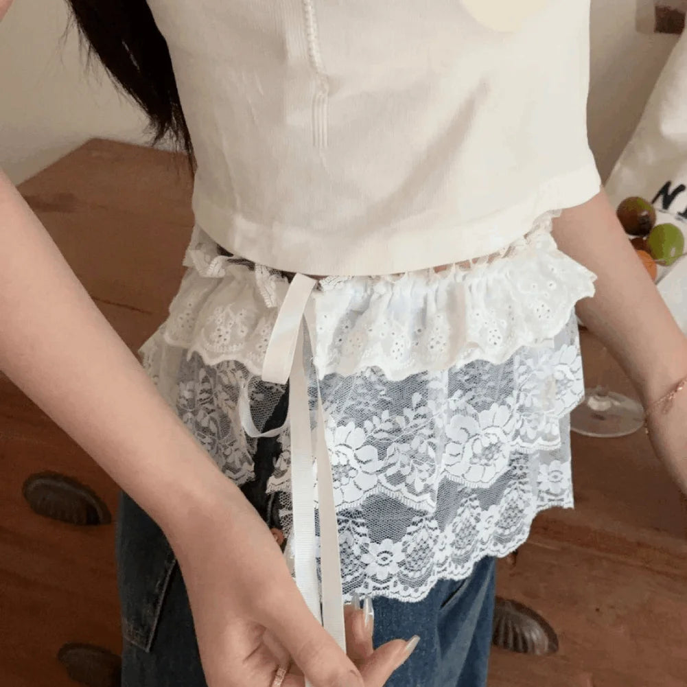 Y2K Lace Layered Skirt Belt | Ruffle Harajuku Streetwear Layered Skirt Belt QXL