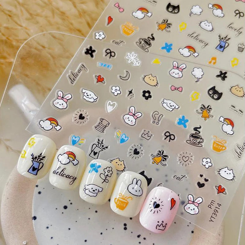 5D Embossed Cartoon Animal Nail Stickers | Cute Gel Decals Nail Art Stickers QXL