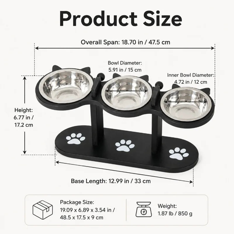 3-Bowl Elevated Cat Feeder | Wooden Stand & Steel Bowls Elevated Pet Feeder QXL black