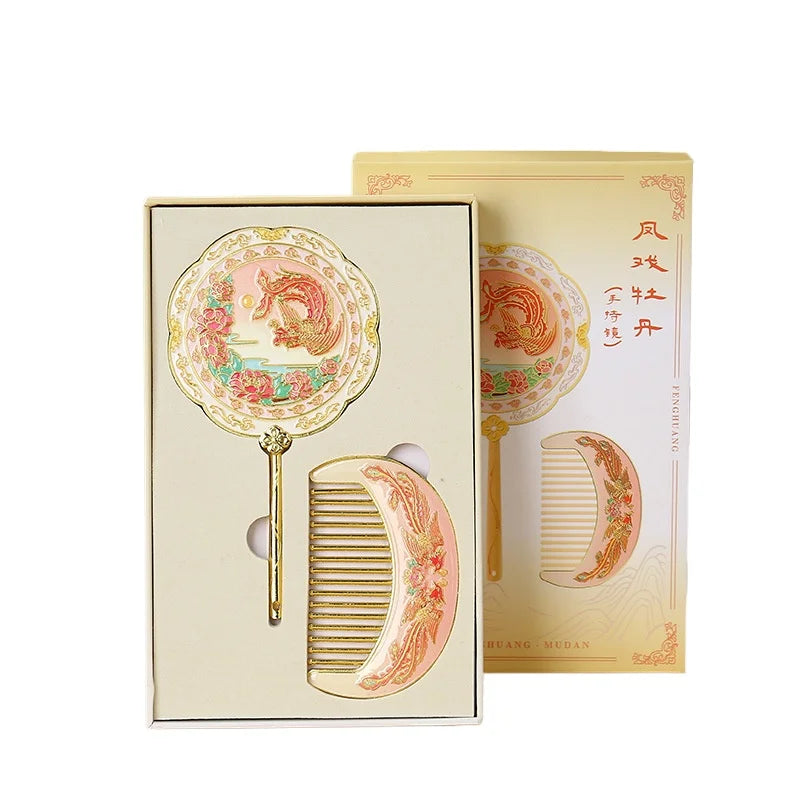 Chinese Style Metal Mirror & Comb Set | Phoenix Peony Design Handheld Mirror Set QXL