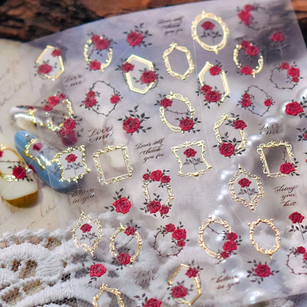 5D Nail Art Stickers – Retro Rose & Gold Geometric Decals Nail Art Stickers QXL