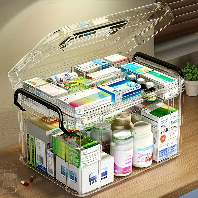 Clear Medicine Organizer Box with Tray & Labels | PA+PE Medicine Storage Box QXL