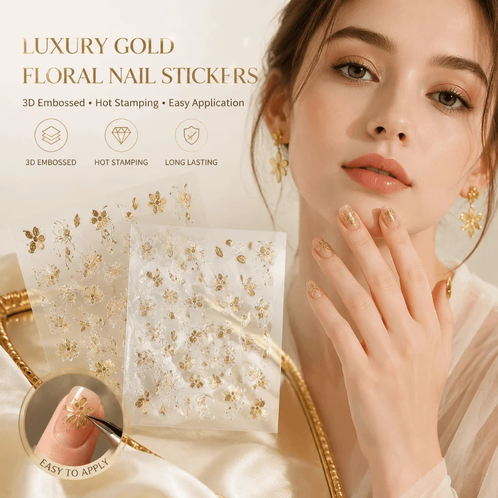 Gold Flower 3D Nail Stickers | Press-On Floral Nail Art Decals 3D Nail Stickers QXL