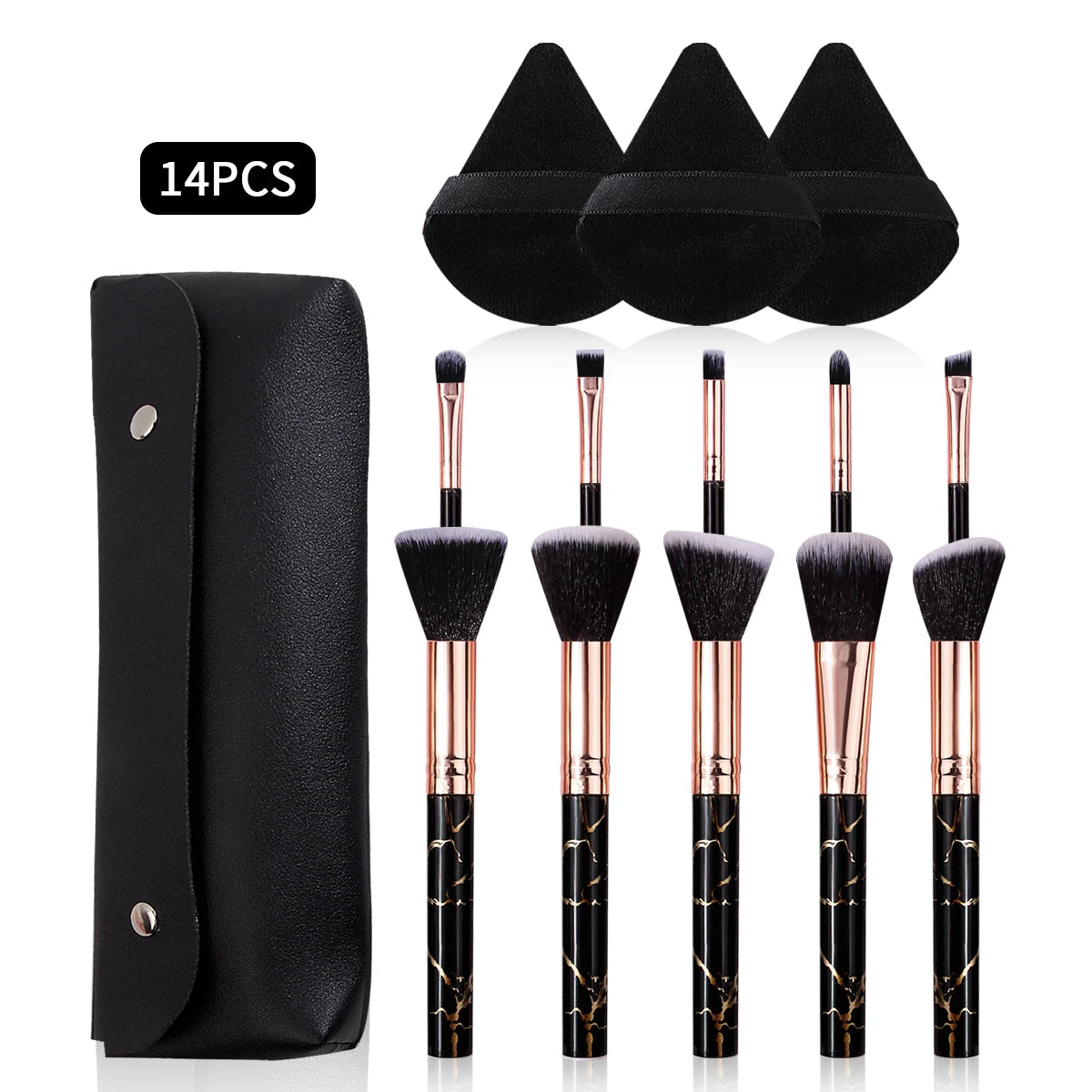 14-Pc Marble Makeup Brush Set with Powder Puff & Bag Makeup Brush Set QXL black