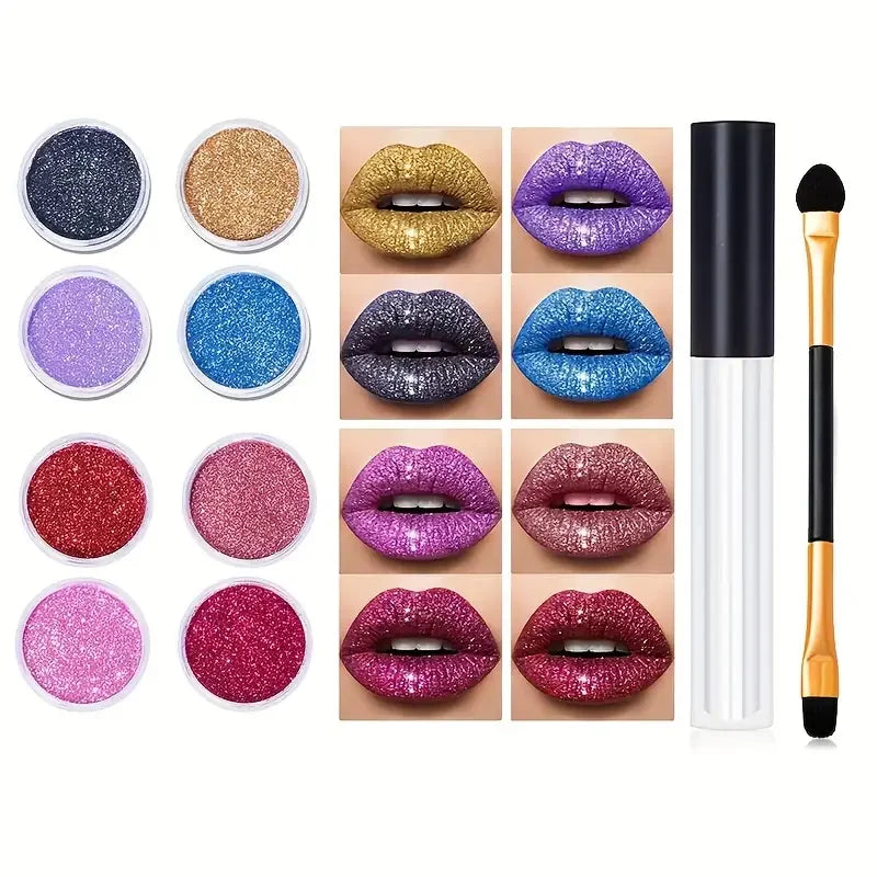 VERONNI 4-Color Glitter Lip Kit with Base & Brush Glitter Lip Kit QXL