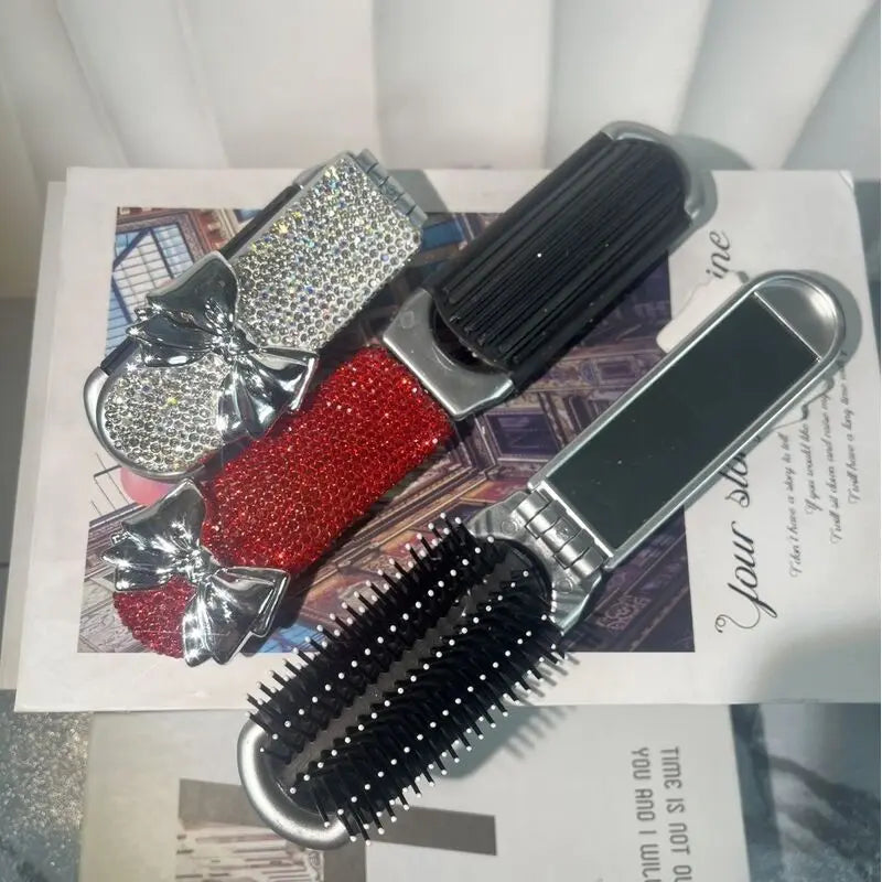 Mini Folding Airbag Comb & Compact Makeup Mirror | Diamond Folding Comb Mirror QXL