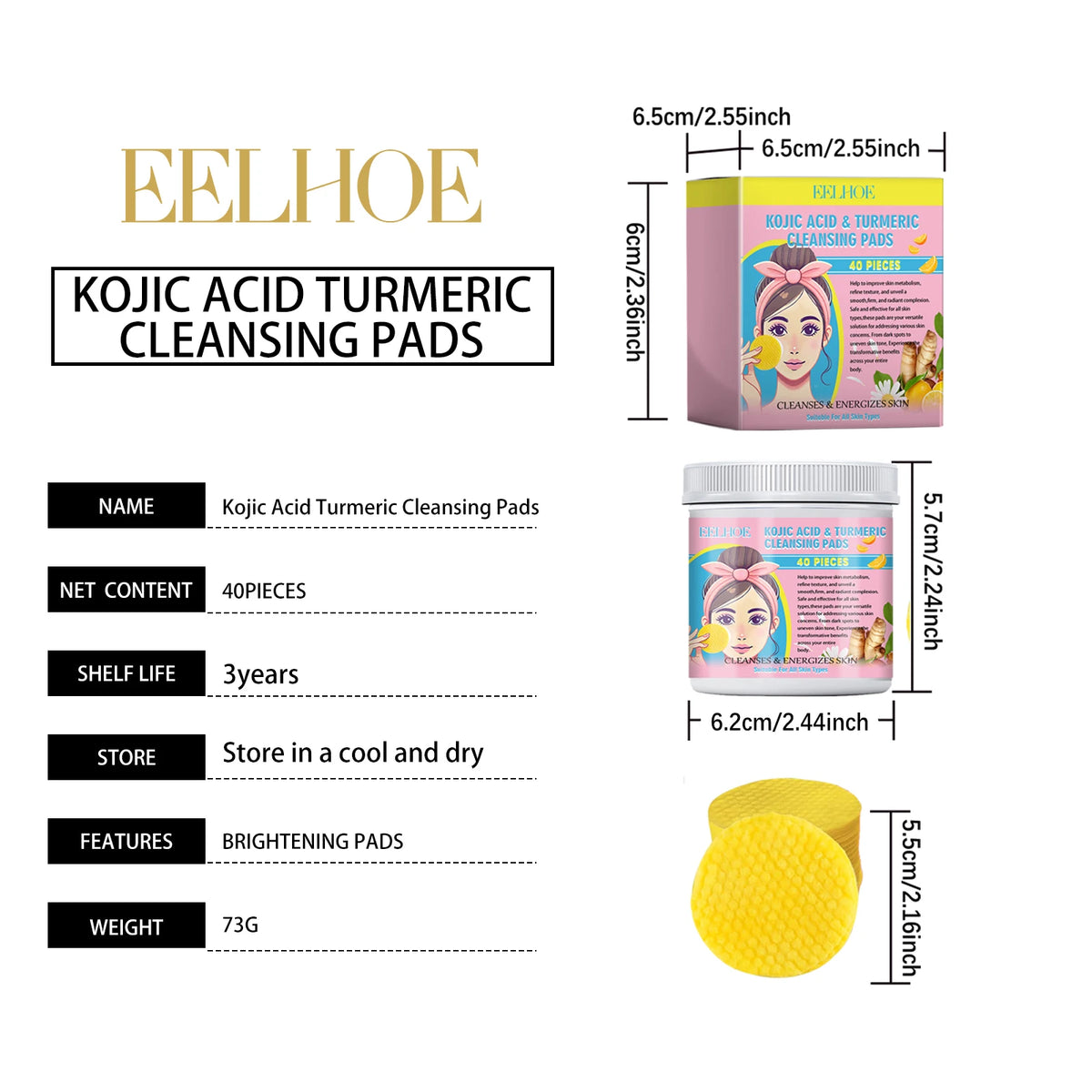 Turmeric Kojic Acid Cleansing & Exfoliating Pads | Eelhoe Facial Cleansing Pads QXL D 40PCS