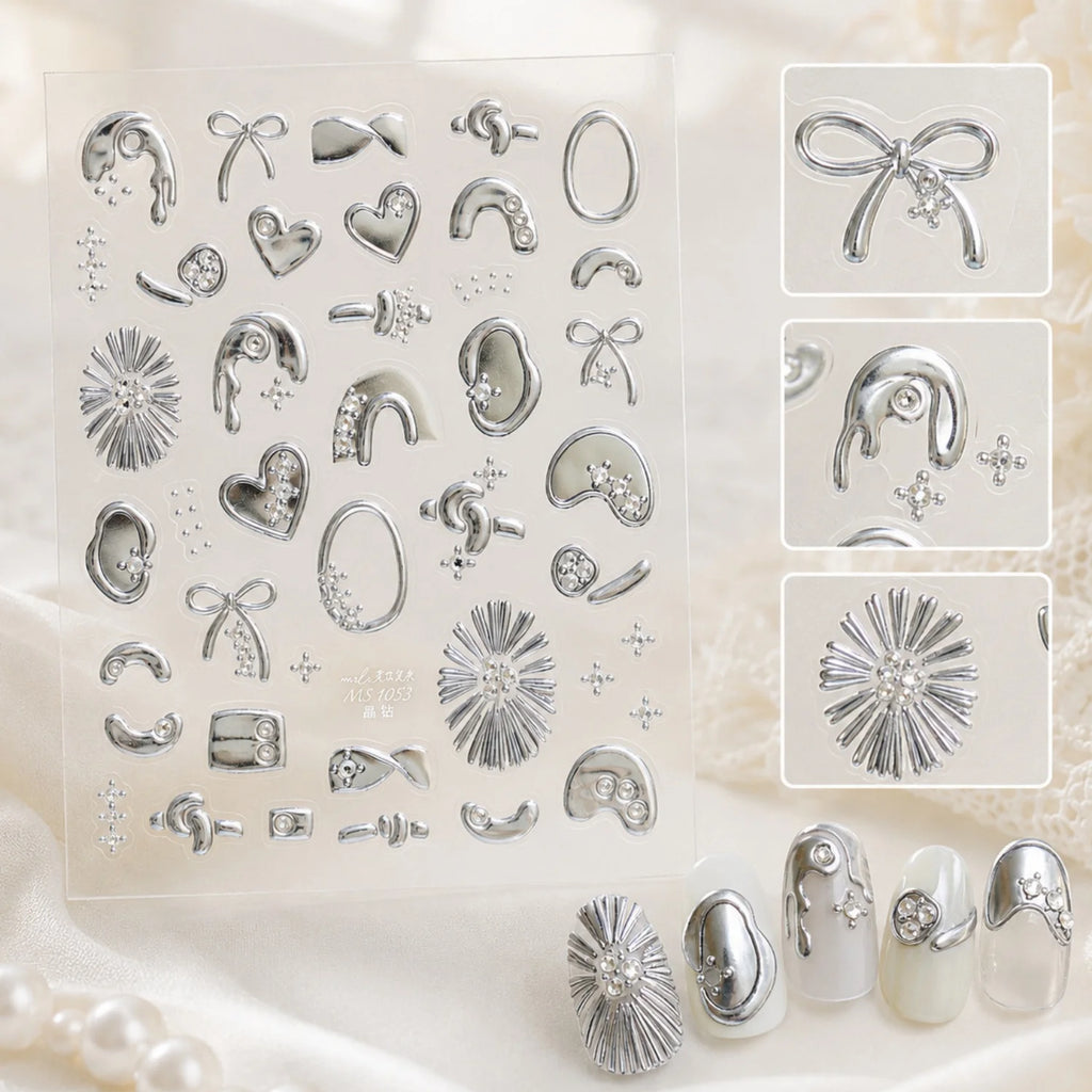 5D Silver Rhinestone Nail Stickers – Geometric & Heart Decals Nail Art Stickers QXL
