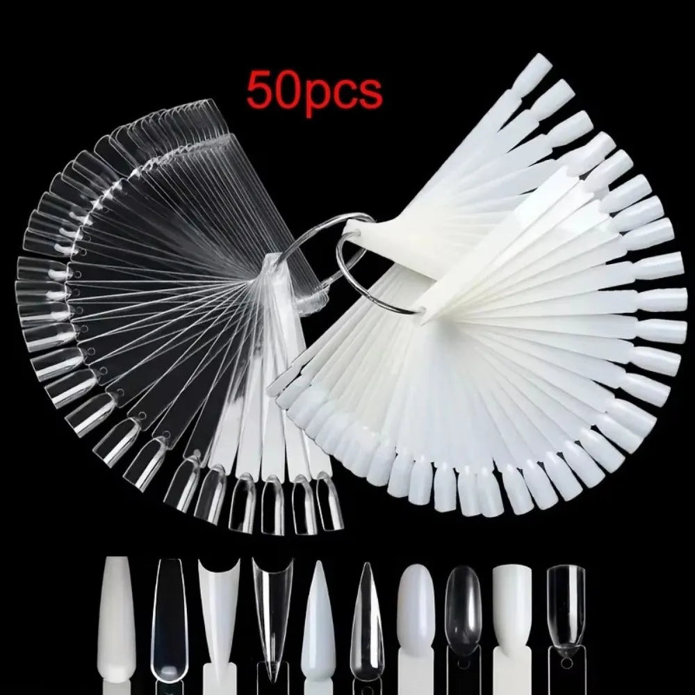50-Pack Fan-Shaped Nail Swatch Display Sticks with Rings Nail Display Sticks QXL