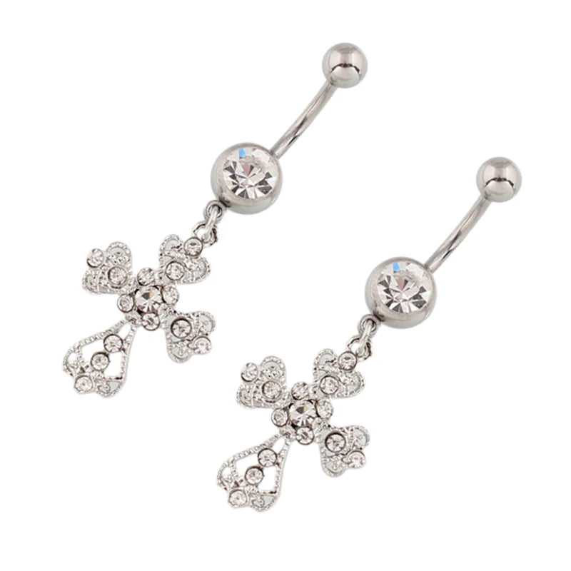 Crystal Cross Belly Button Ring | Stainless Steel Navel Bar Body Piercing Jewelry QXL