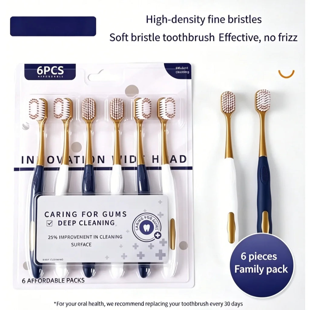 6-Pack Adult Soft Bristle Toothbrush | Wide Head Unisex Set Manual Toothbrush QXL