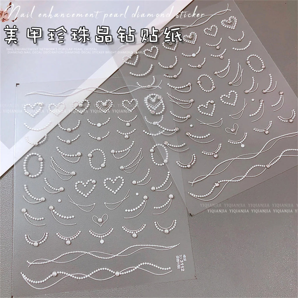 5D Pearl Lace Wave Chain Nail Art Stickers – Elegant White Decals Nail Art Stickers QXL