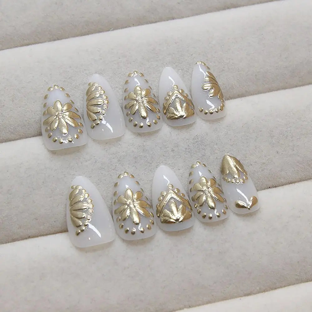 Gold Flower French False Nails | Sun Moon Full Cover Tips 24/30-Pc Press-On False Nails QXL