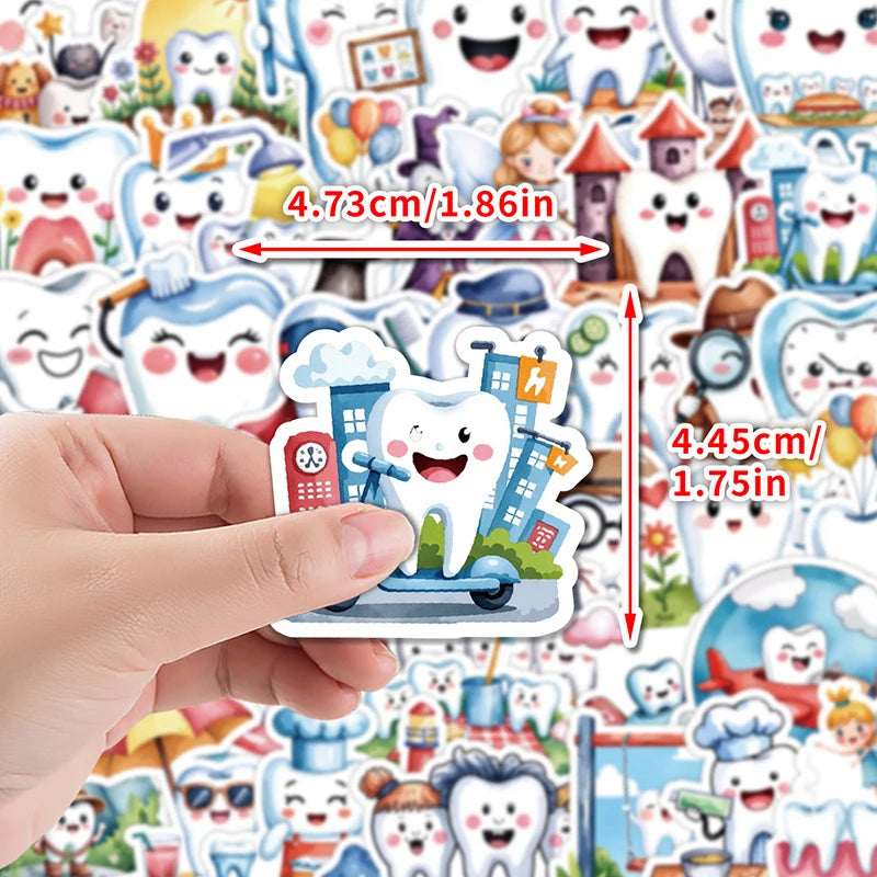 50-Pack Dental Tooth Cartoon Stickers for Kids | Clinic Reward Dental Reward Stickers QXL