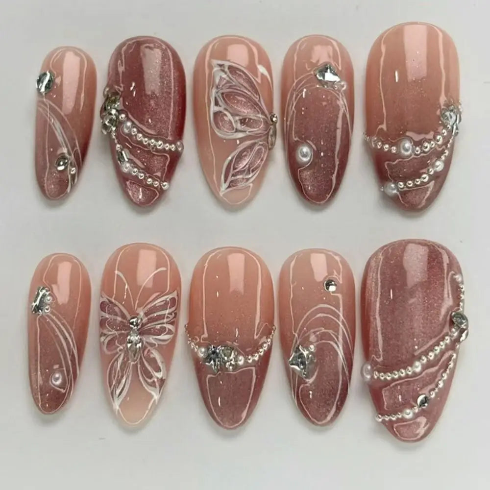 30-Pack Almond Press-On Nails | French Cat Eye Butterfly Pearl Press-On Nail Tips QXL