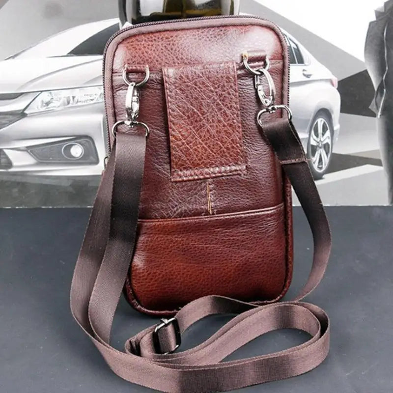 Men's Leather Crossbody Phone Bag | Multi-Pocket Waist Pack Crossbody Phone Bag QXL