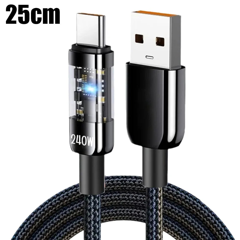 240W USB-A to USB-C Fast Charging Nylon Cable | LED Display USB-C Charging Cable QXL 0.25m