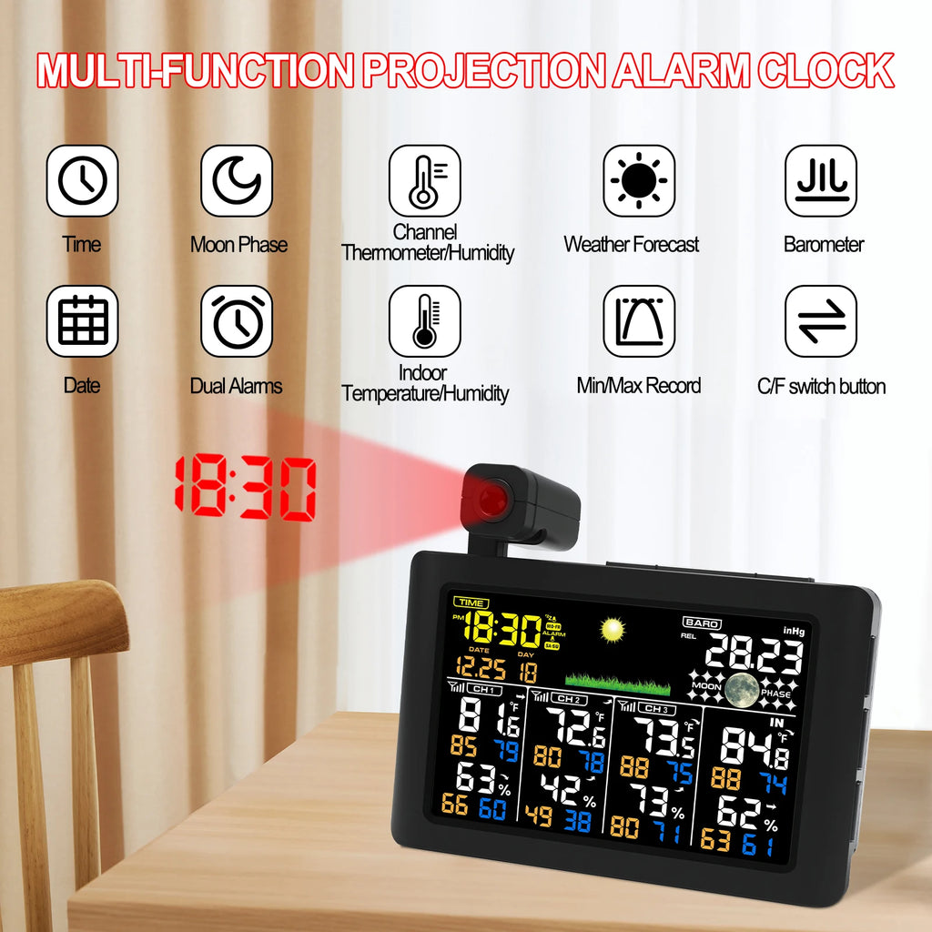 Wireless Weather Station Projection Alarm Clock – Temp & Humidity Weather Station Clock QXL