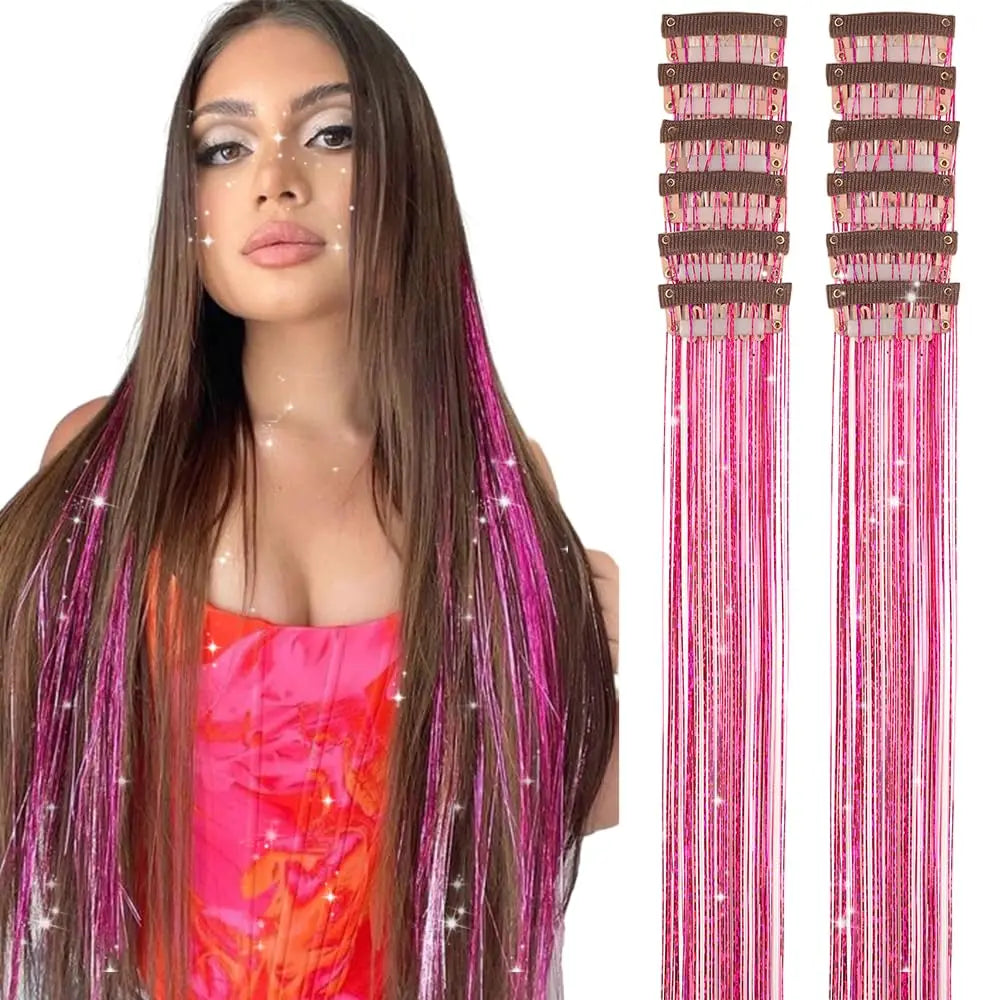 6-Pack Clip-In Shiny Hair Tinsel Extensions | 50cm Synthetic Clip-In Hair Tinsel QXL