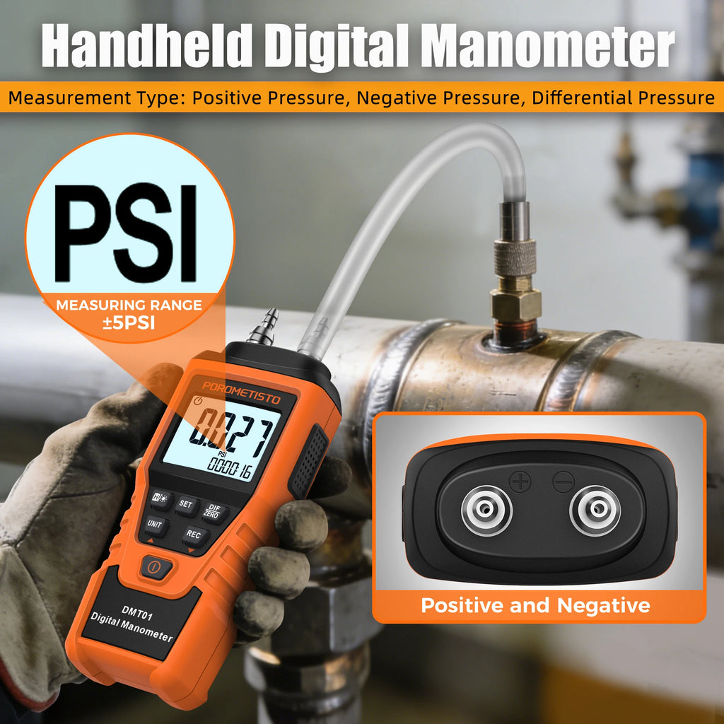 POROMETISTO DMT01 Digital Manometer | 12-Unit Dual Port Gauge Digital Manometer QXL