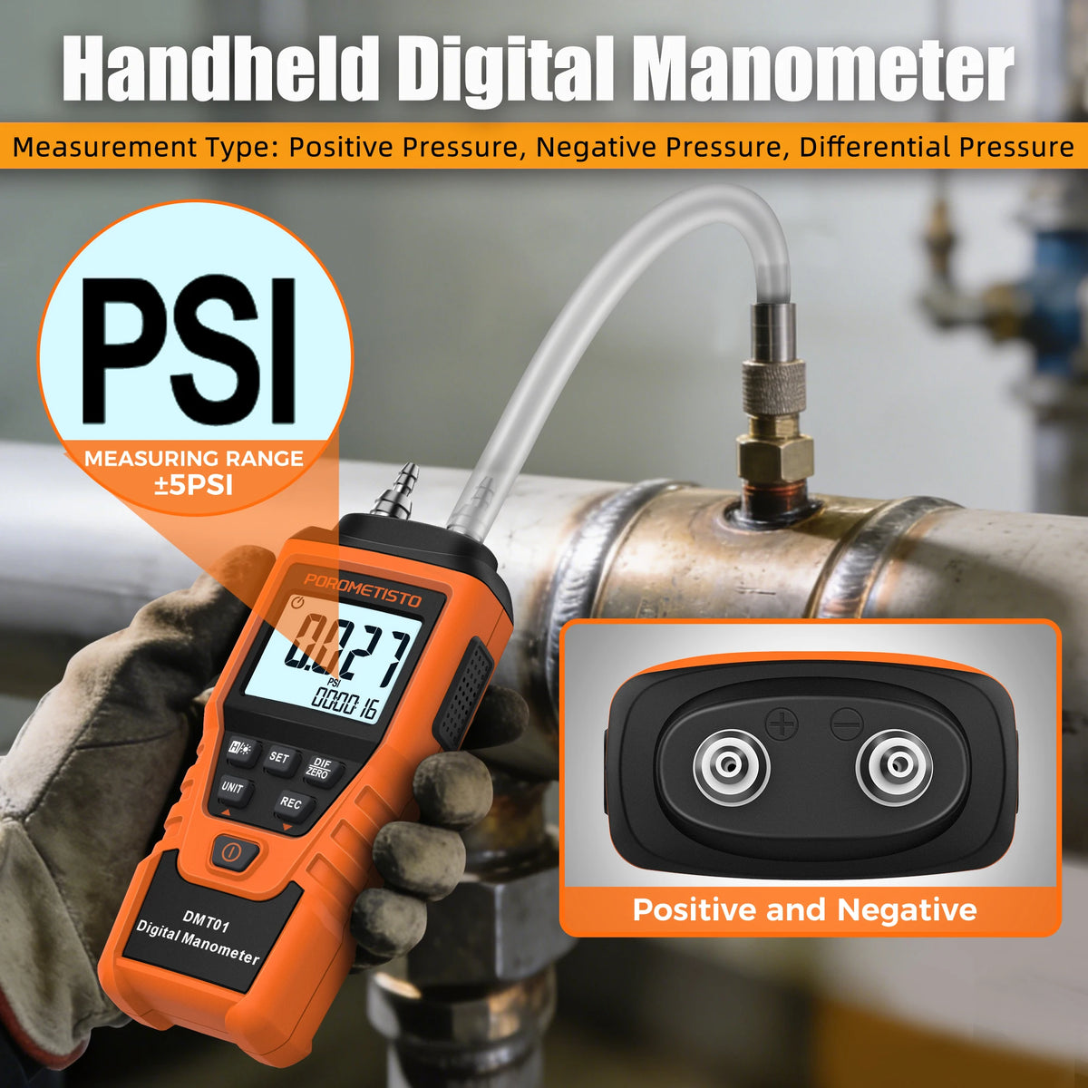 POROMETISTO DMT01 Digital Manometer | 12-Unit Dual Port Gauge Digital Manometer QXL