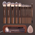 MAANGE 15-Pc Makeup Brush Set with Sponge Puff & Bag Makeup Brush Set QXL Coffee Brown