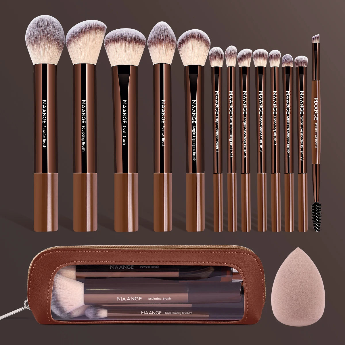 MAANGE 15-Pc Makeup Brush Set with Sponge Puff & Bag Makeup Brush Set QXL Coffee Brown