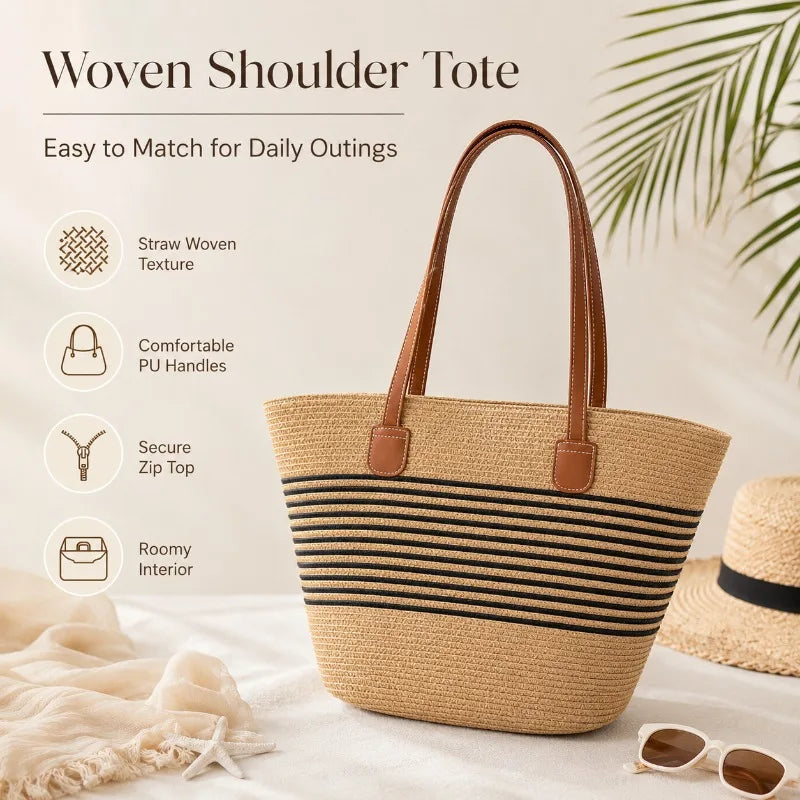 Large Woven Straw Tote Bag | Beach Shoulder Bag Zip Top Woven Straw Tote QXL